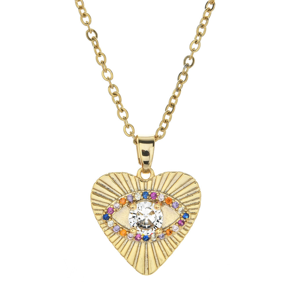 Multicolor Cubic Zirconia Evil Eye Heart Pendant Necklace