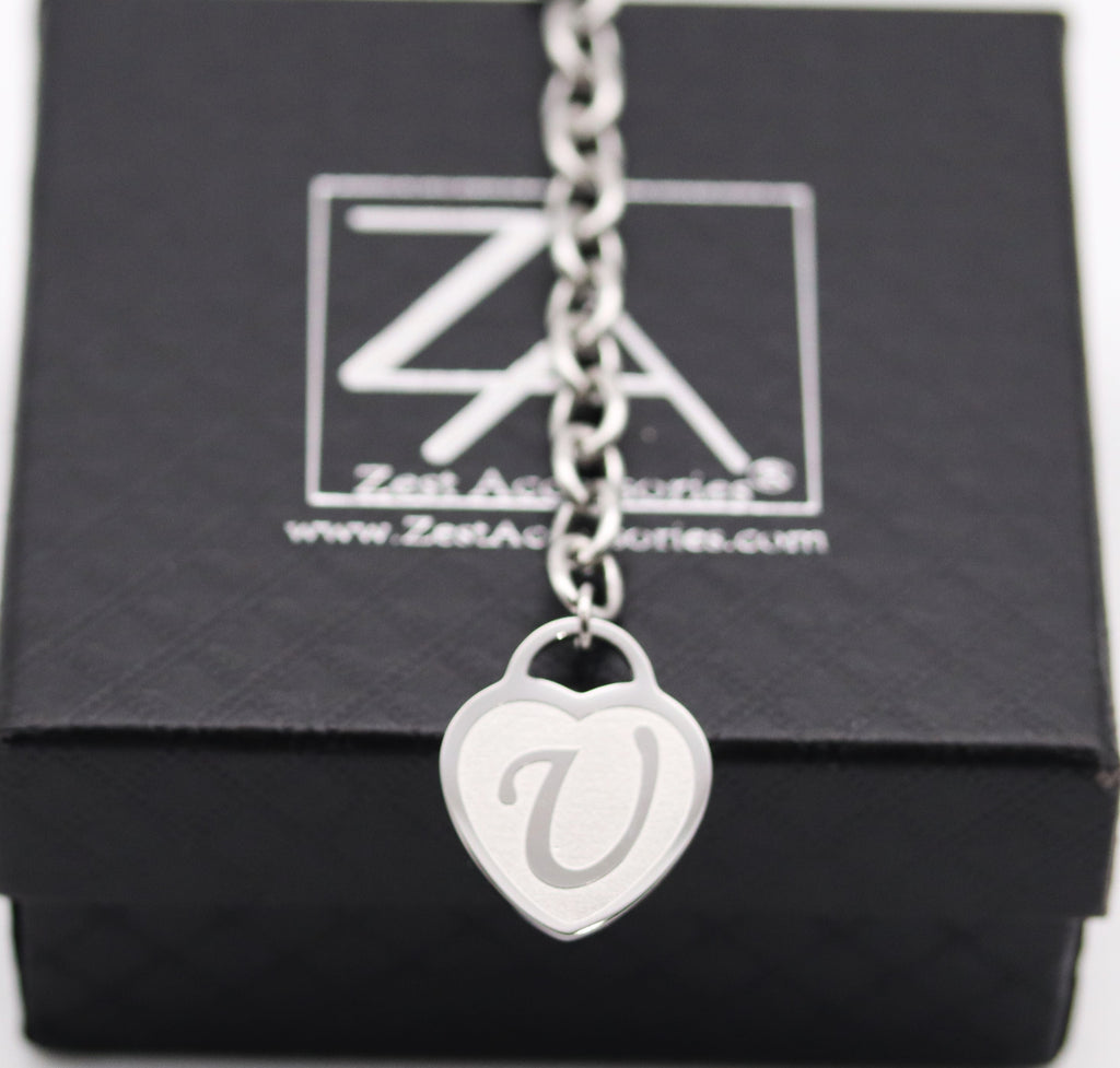Stainless Steel Bracelet with Engraved Initials on Heart Charm (Silver)