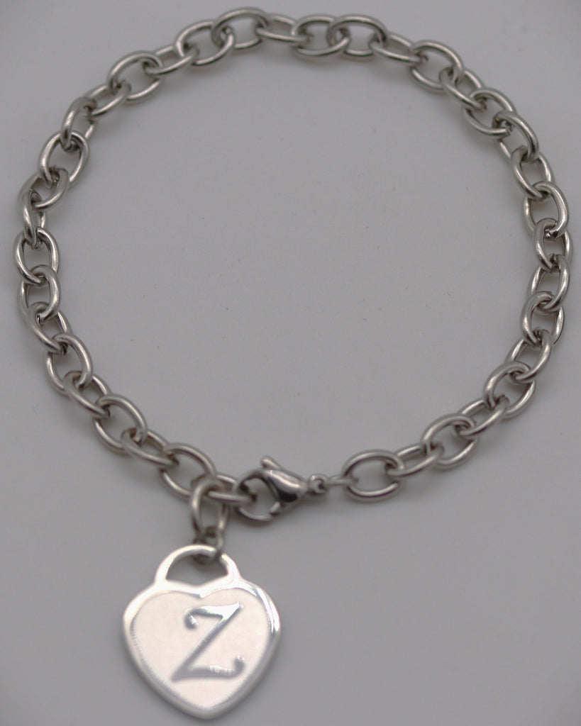 Stainless Steel Bracelet with Engraved Initials on Heart Charm (Silver)