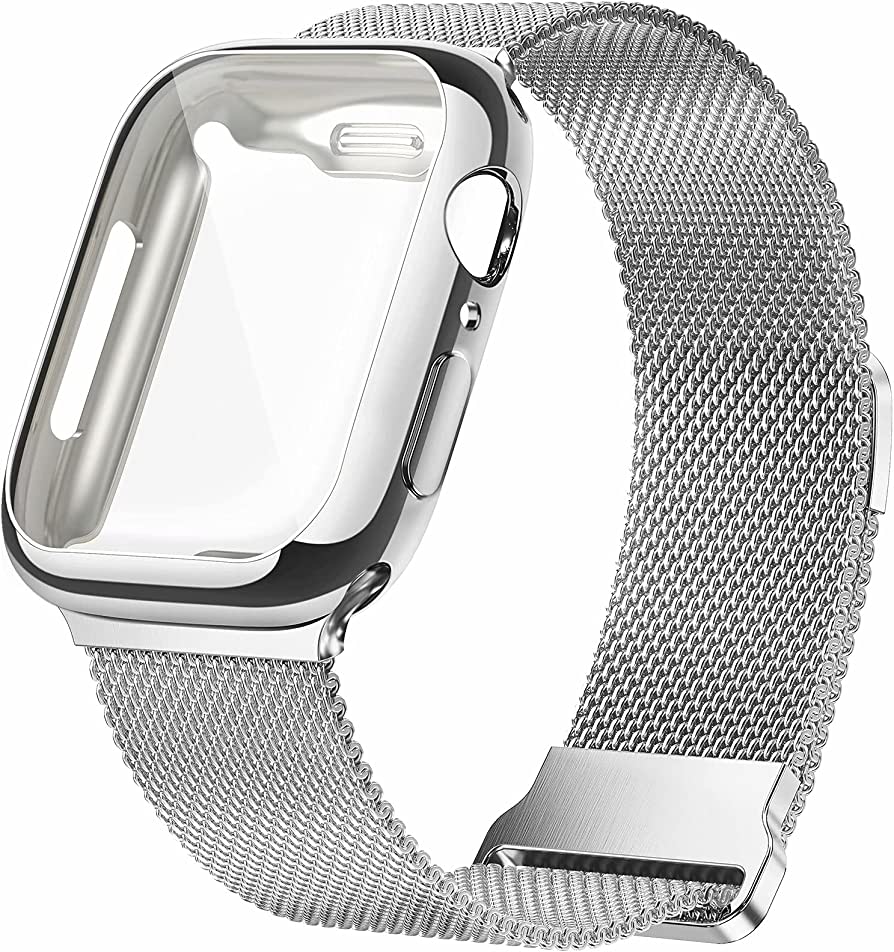 Apple Watch Band 38MM& 42MM Stainless Steel Mesh Milanese Loop with Adjustable Magnetic Closure with Clear Hard Case for Apple Watch