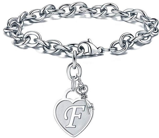 Stainless Steel Bracelet with Engraved Initials on Heart and Key Charm