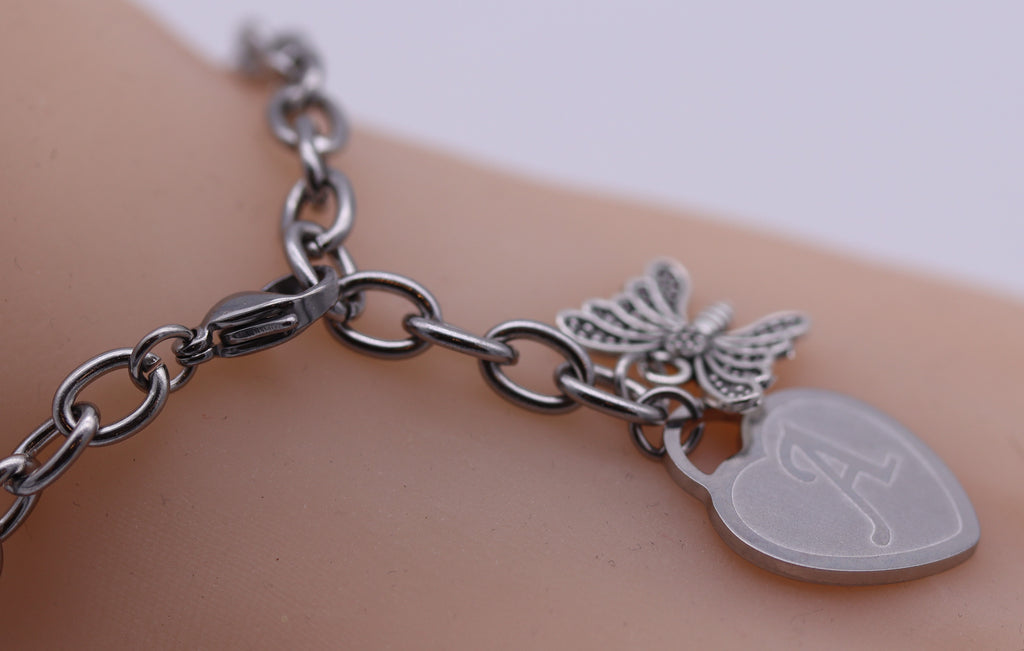Stainless Steel Bracelet with Butterfly Charm  and Engraved Initials on Heart (Silver)