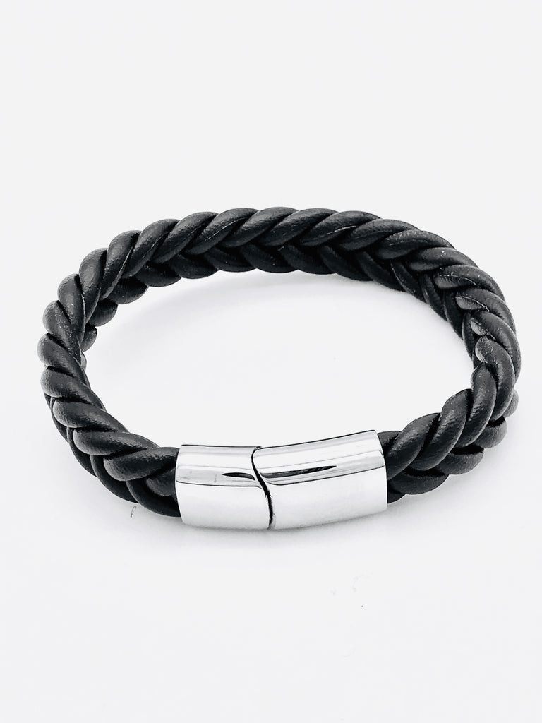 Stainless Steel Black Leather Twist Bracelet