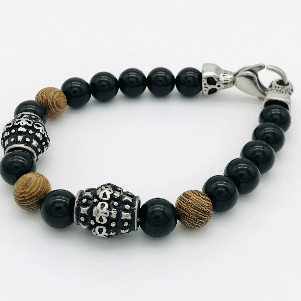 Stainless Steel Bracelet with Black and Jasper Beads