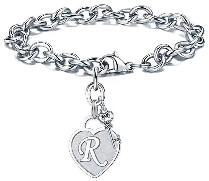 Stainless Steel Bracelet with Engraved Initials on Heart and Key Charm