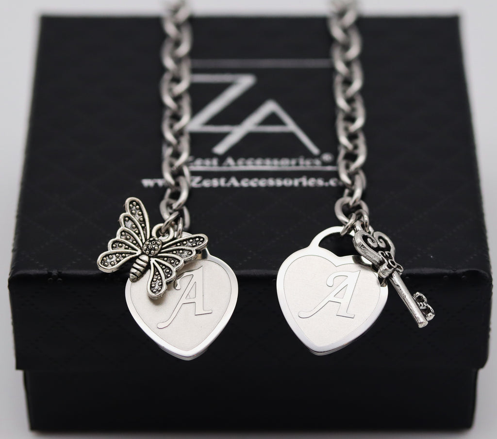 Combo of Stainless Steel Bracelet with Butterfly & Key Charm  and Engraved Initials on Heart (Silver)