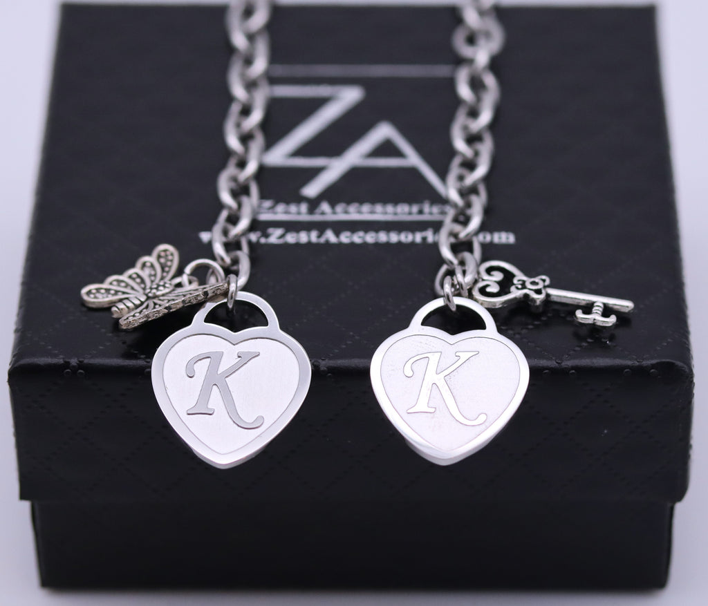 Combo of Stainless Steel Bracelet with Butterfly & Key Charm  and Engraved Initials on Heart (Silver)