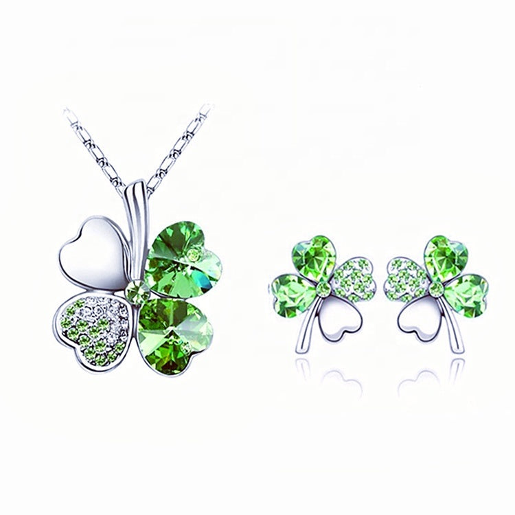 Four Leaf Clover Crystal Earrings and Necklace Set