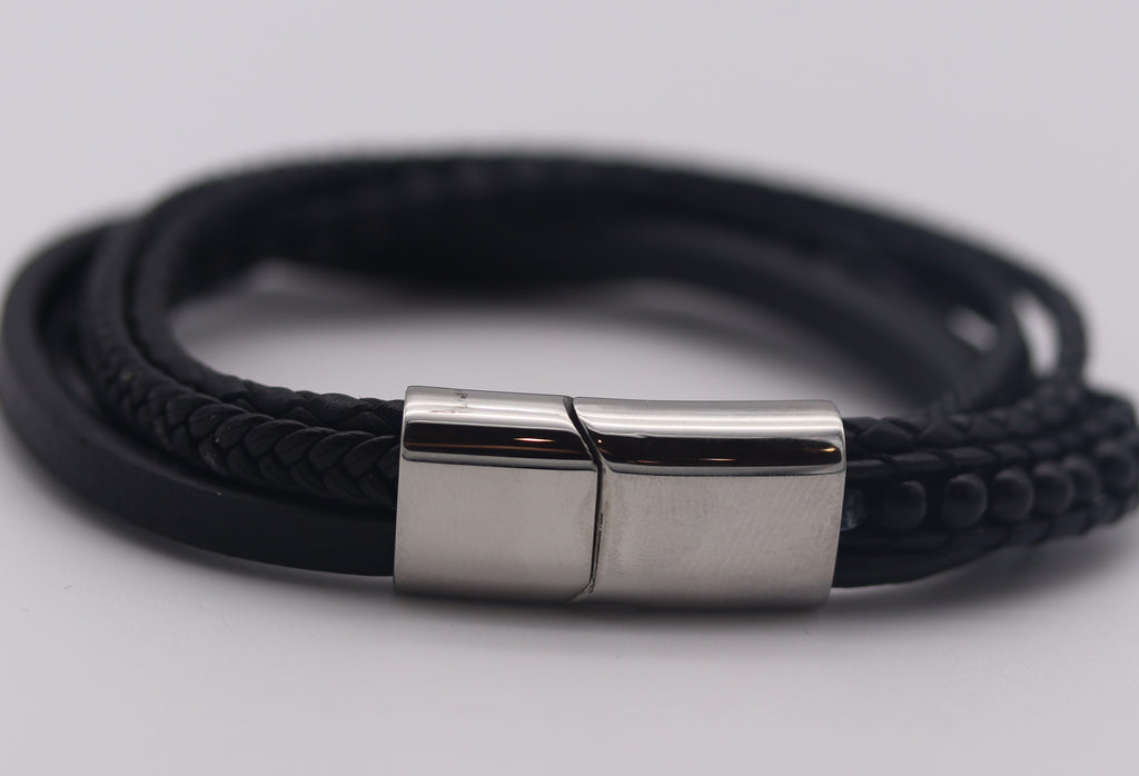 Leather Stainless Steel Black Layered Bracelet