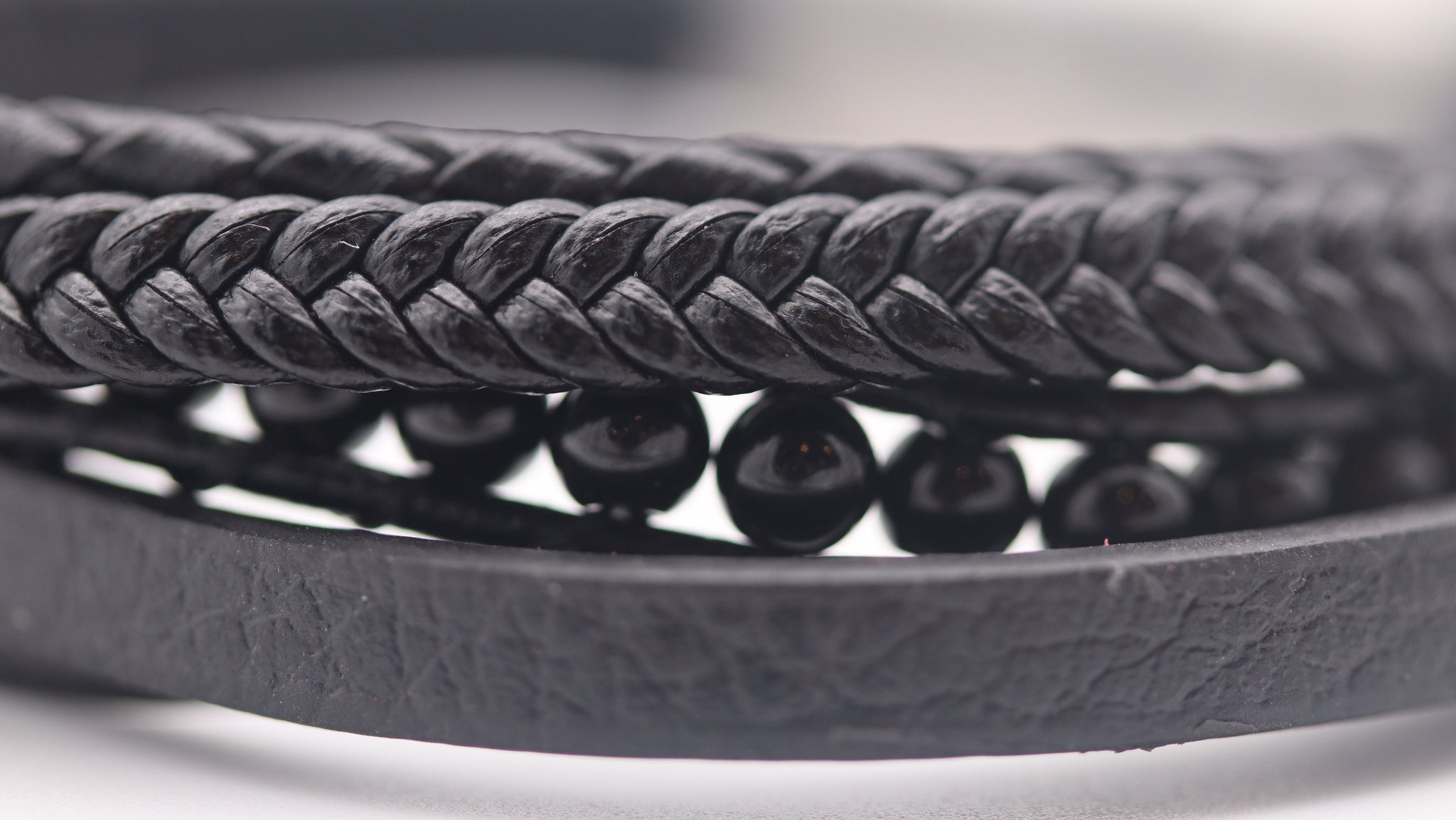 Leather Stainless Steel Black Layered Bracelet